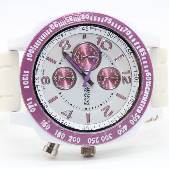 American Exchange Chronograph Watch White Tone Stainless Steel White Rubber Band - Picture 6 of 8